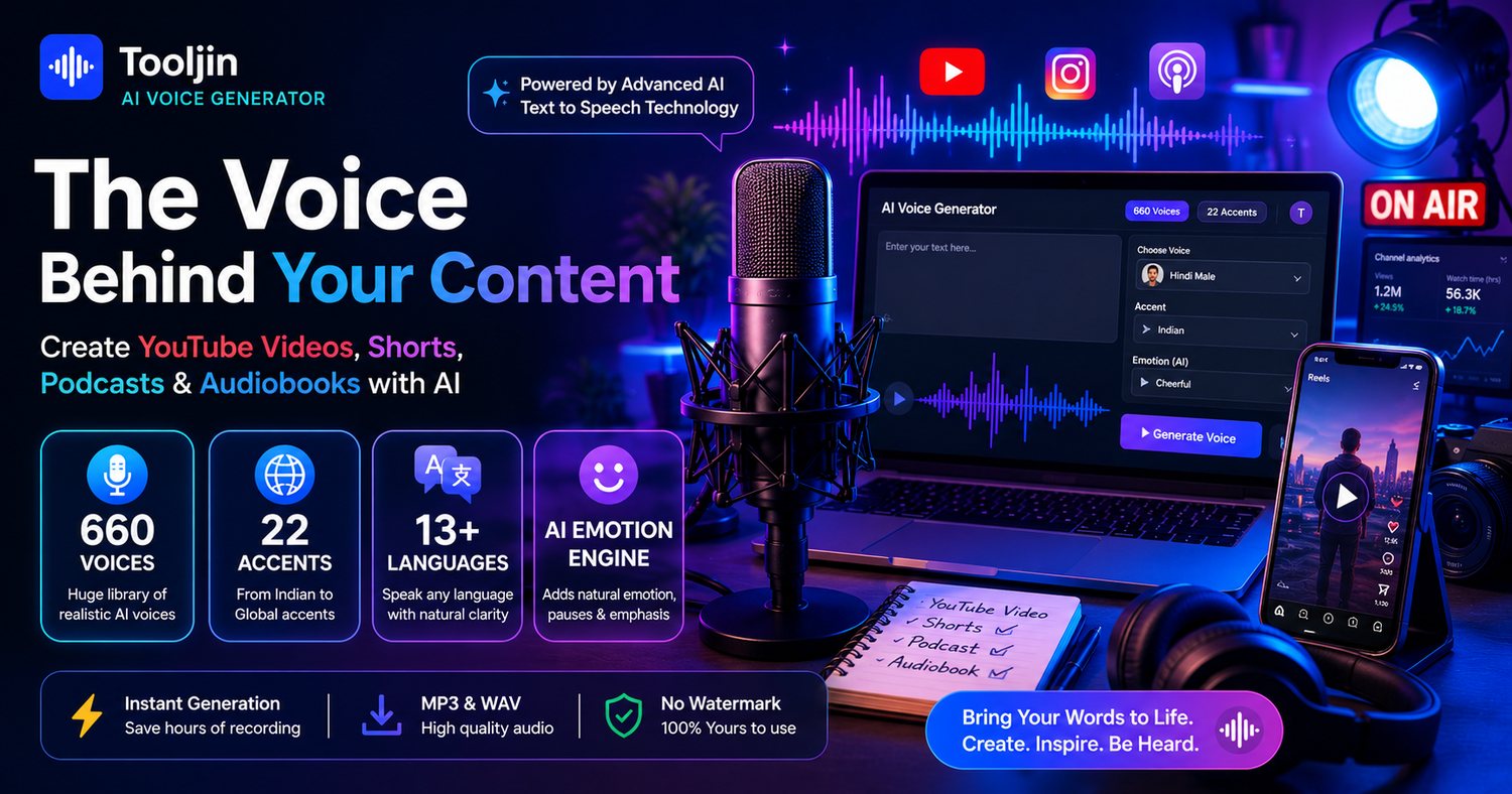 Tooljin AI Voice Generator — 660 voices, 22 accents, 13+ languages and an AI emotion engine for YouTube videos, Shorts, podcasts and audiobooks
