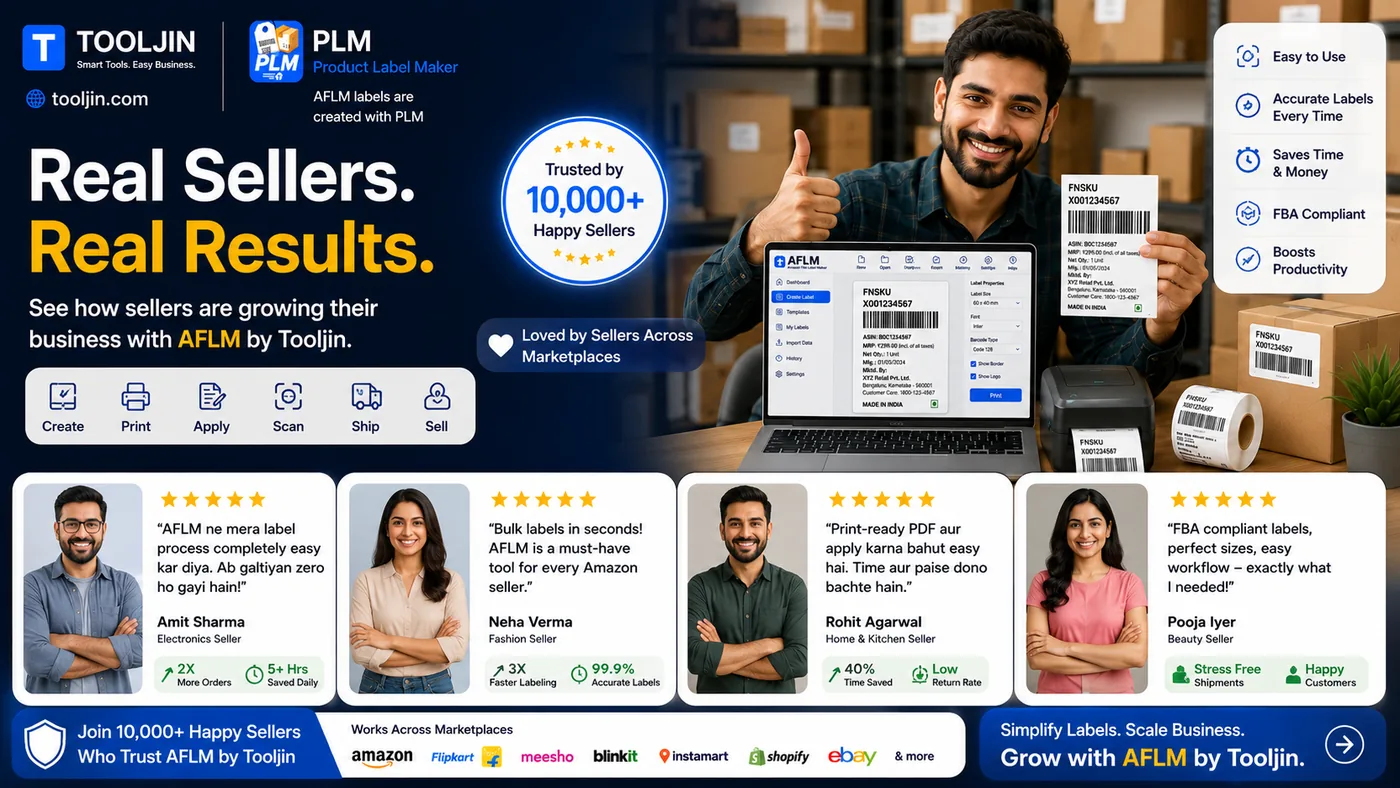 Real Amazon sellers sharing results with AFLM by Tooljin — faster FBA labelling, accurate FNSKU barcodes and smoother dispatch across marketplaces