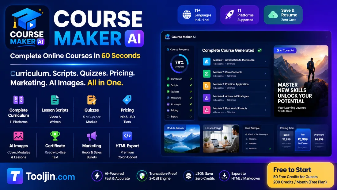 Course Maker AI — build complete online courses in 60 seconds: curriculum, lesson scripts, quizzes, pricing, marketing and AI images, all in one tool