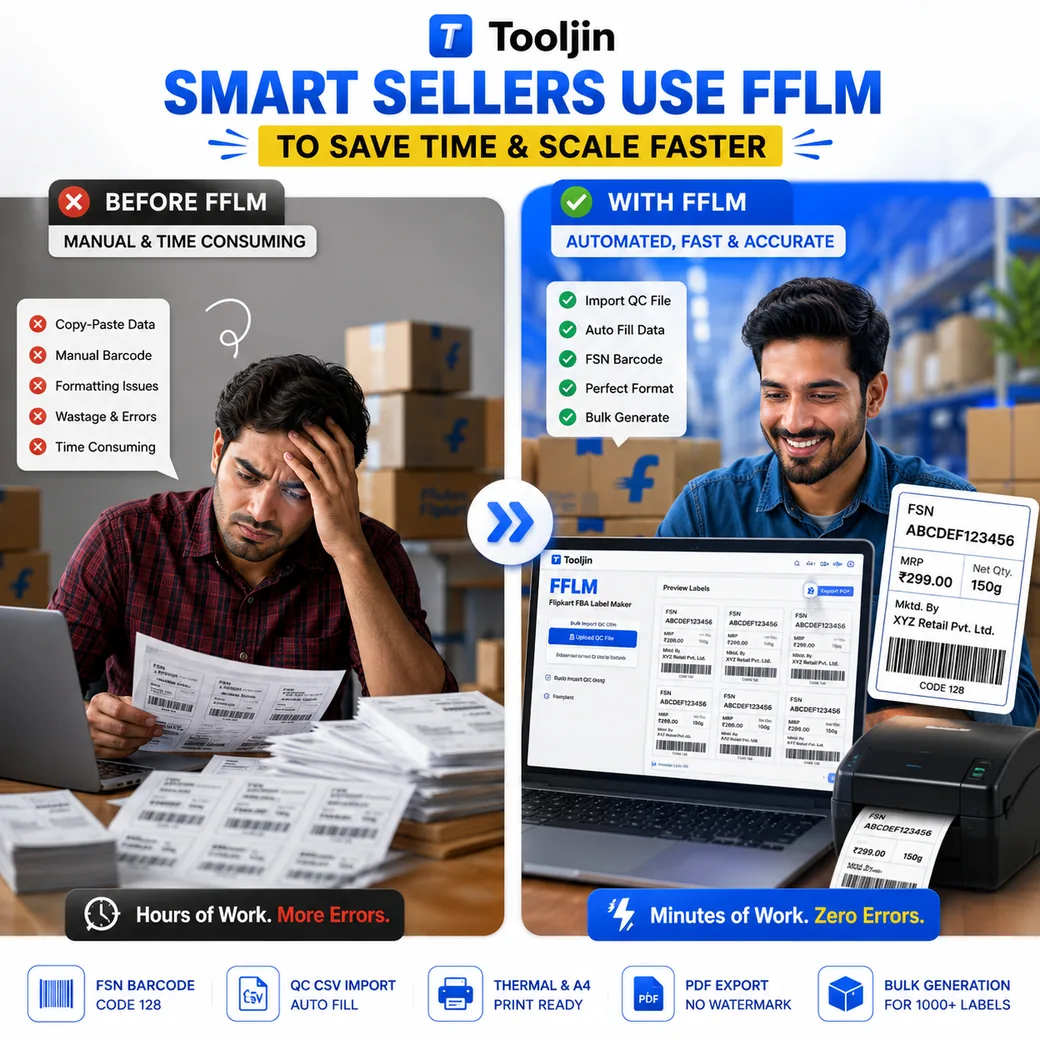 Before and after FFLM — manual copy-paste, barcode and formatting work versus automated QC import, FSN barcode and bulk label generation in minutes