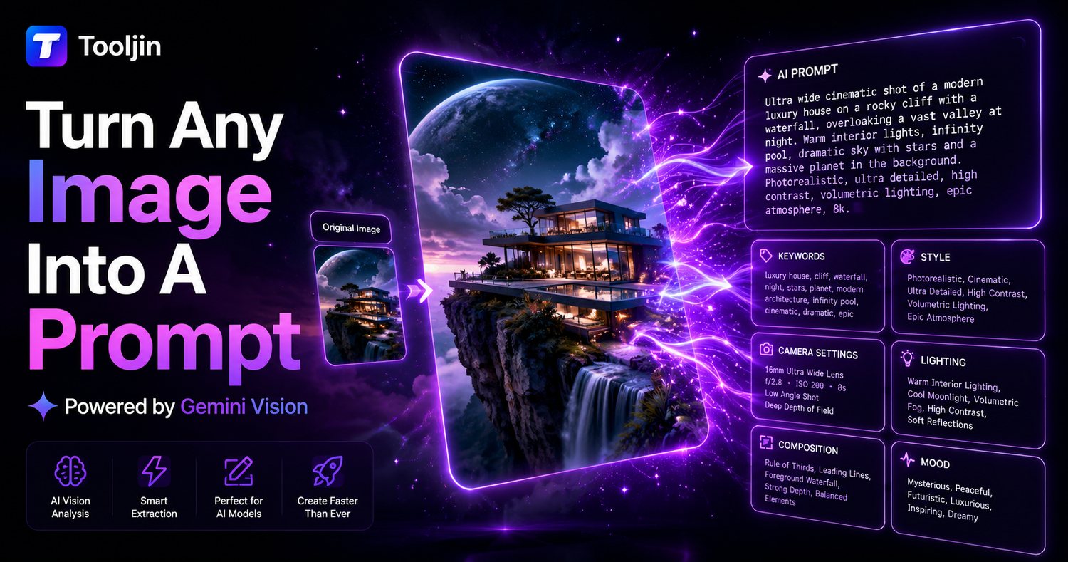 Turn any image into a detailed AI prompt with Tooljin — powered by Gemini Vision, extracting keywords, style, camera settings, lighting and composition