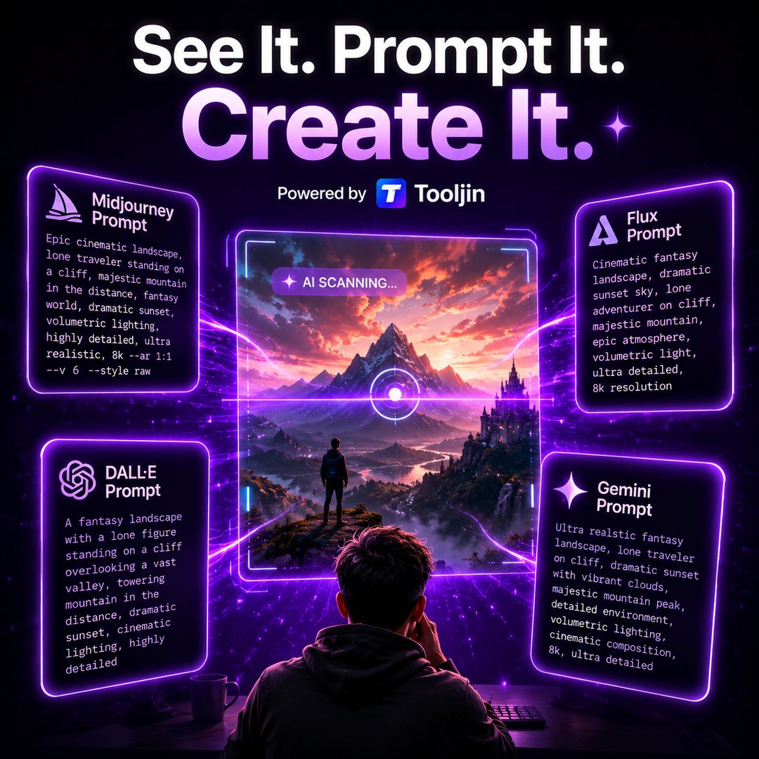 See it, prompt it, create it — generate ready-to-use prompts for Midjourney, DALL-E, Flux and Gemini from any image