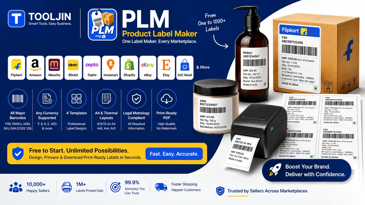 PLM Product Label Maker by Tooljin — one label maker for every marketplace, with all major barcodes, any currency, 4 templates, A4 and thermal layouts and print-ready PDF