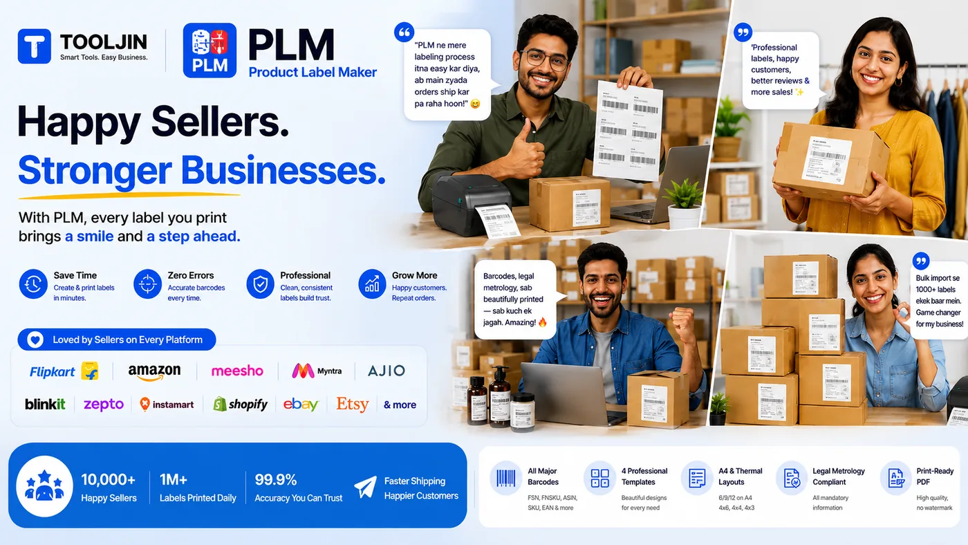 Happy sellers, stronger businesses — PLM Product Label Maker testimonials from sellers on Flipkart, Amazon, Meesho, Myntra, Ajio and more
