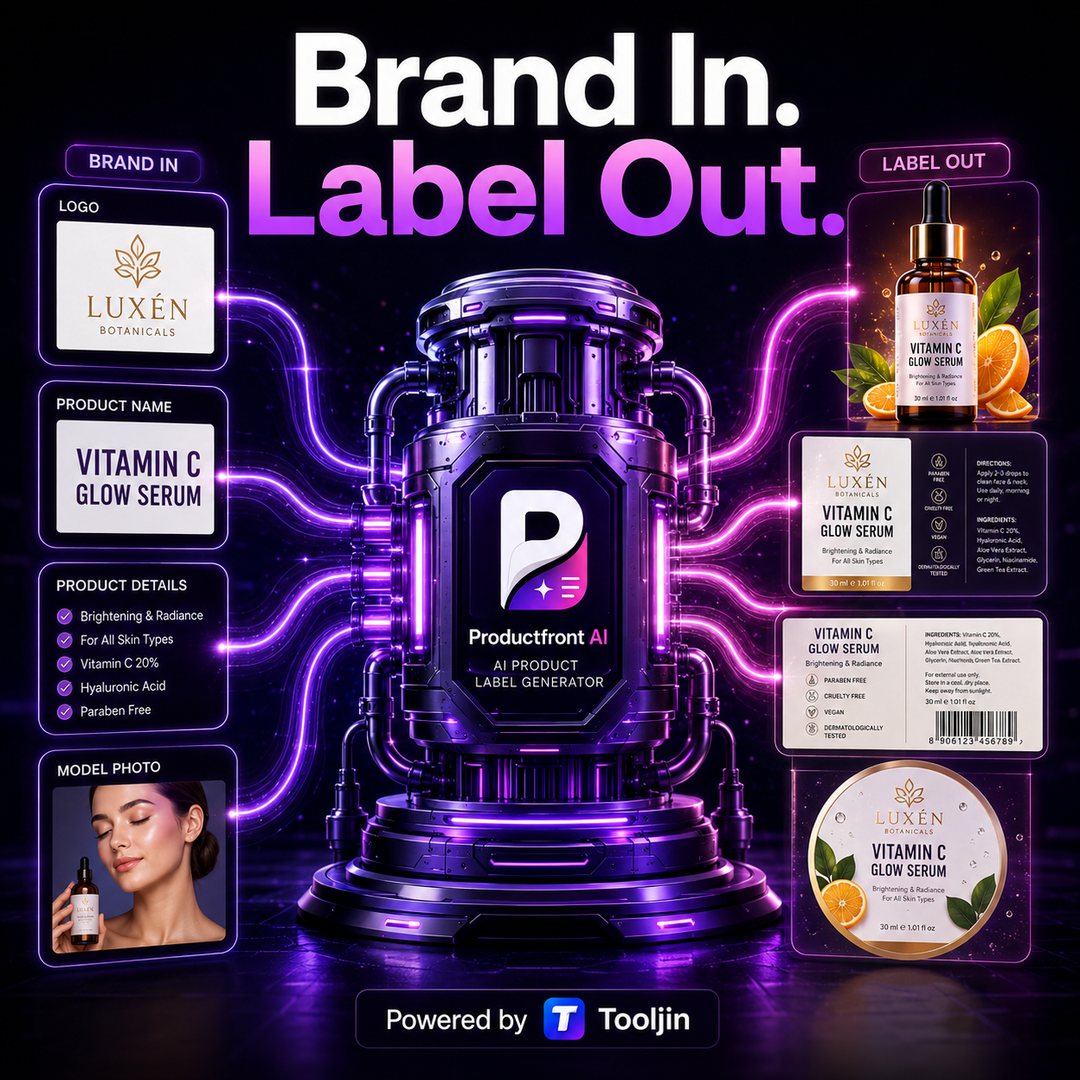 Brand in, label out — add your logo, product name and details and Productfront AI generates a finished, print-ready label