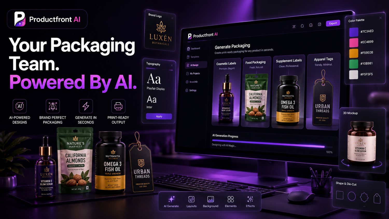 Your packaging team, powered by AI — generate cosmetic labels, food packaging, supplement labels and apparel tags in seconds
