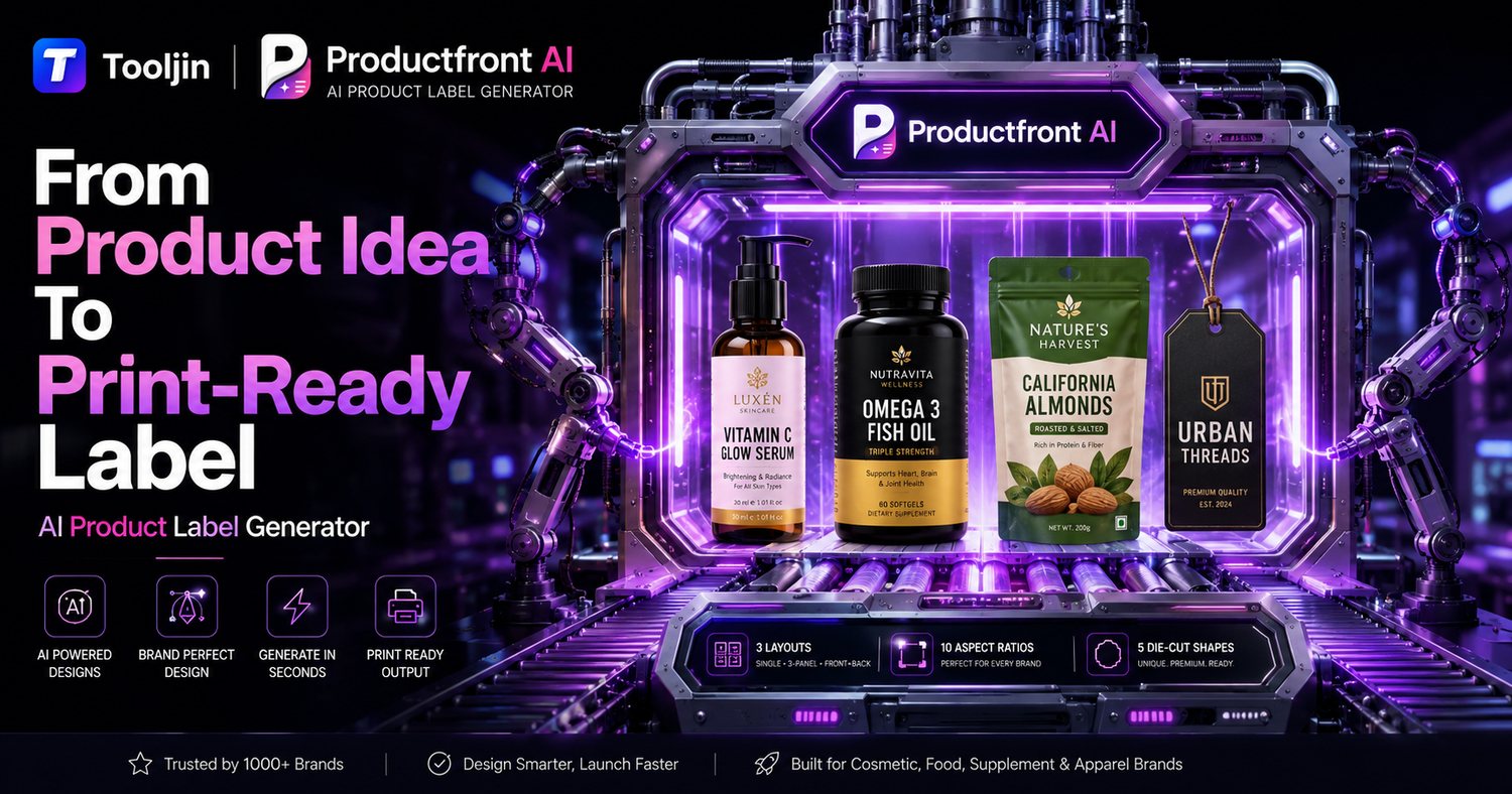 From product idea to print-ready label — Productfront AI by Tooljin generates professional product labels for cosmetic, food, supplement and apparel brands