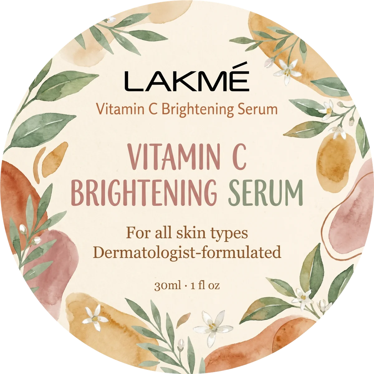 AI-generated circular product label sample — Vitamin C serum lid sticker with watercolor citrus illustration, generated by Productfront AI