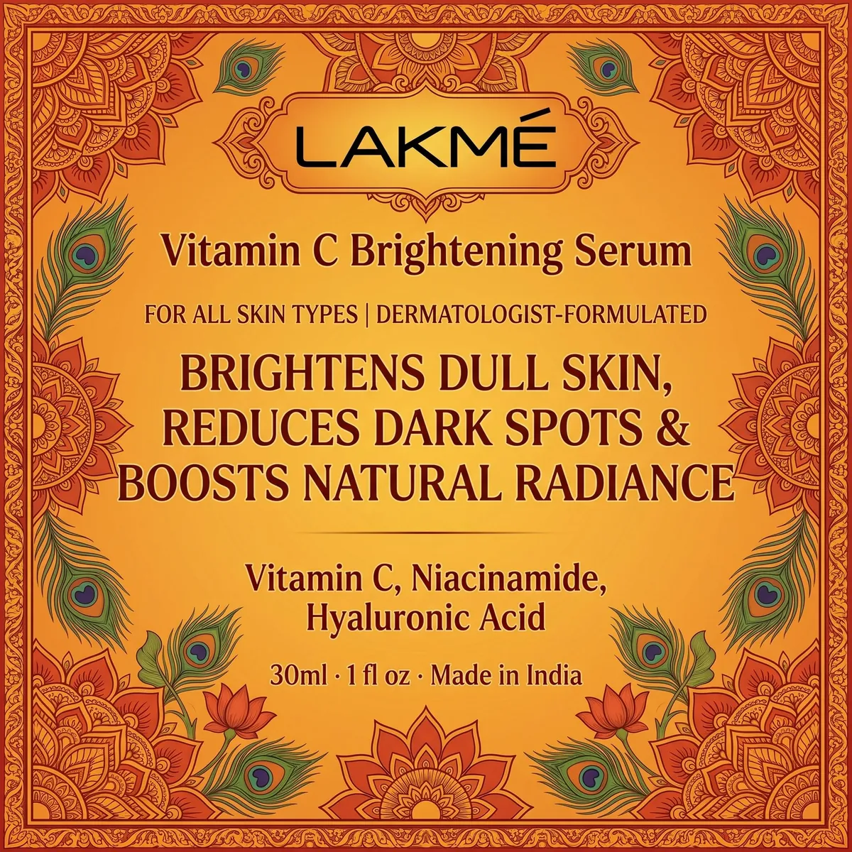 AI-generated rectangle product label sample — Vitamin C brightening serum with traditional Indian ayurveda design featuring mandala patterns, peacock feathers, and lotus motifs in saffron palette, generated by Productfront AI