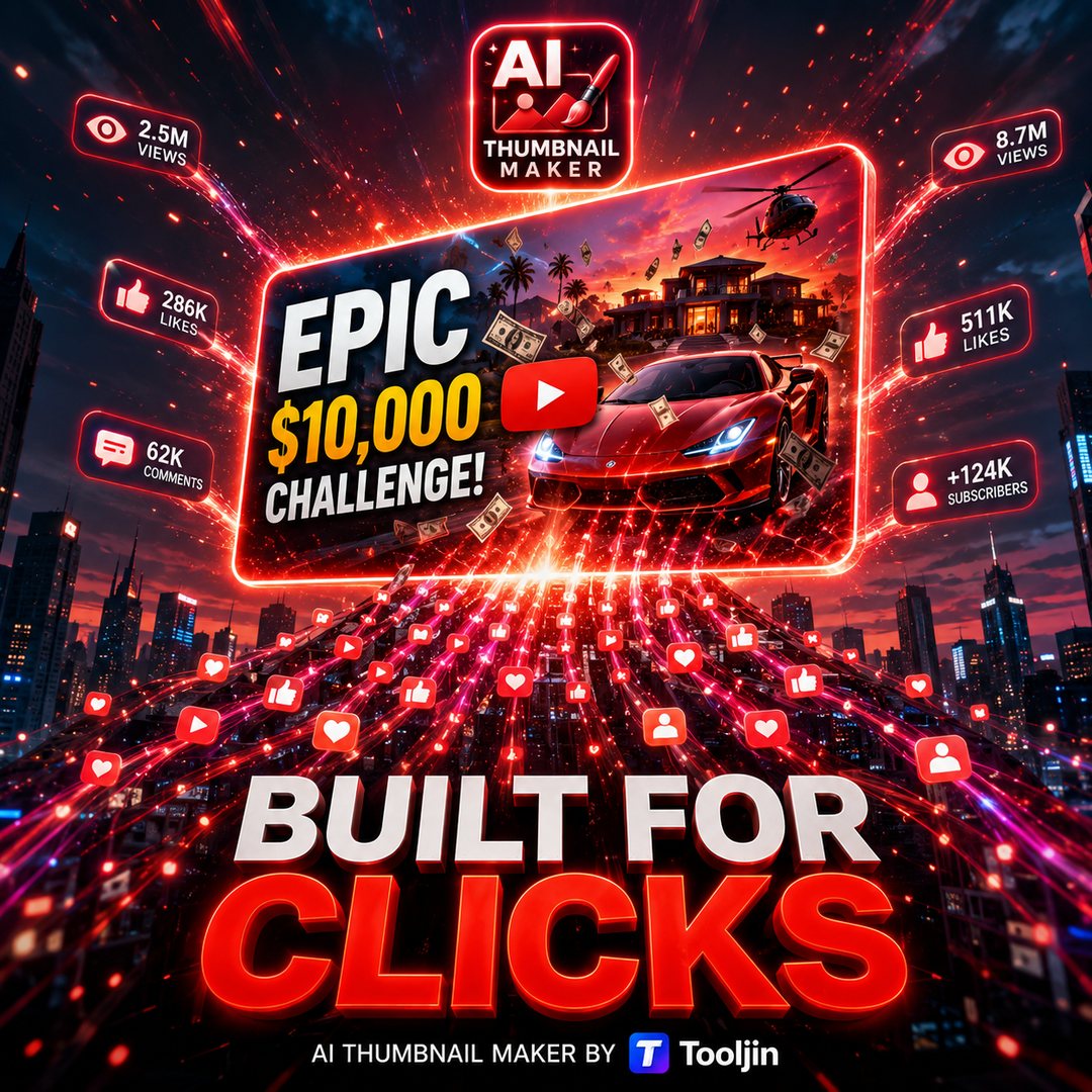Built for clicks — AI-generated YouTube thumbnails engineered to boost views, likes and subscribers