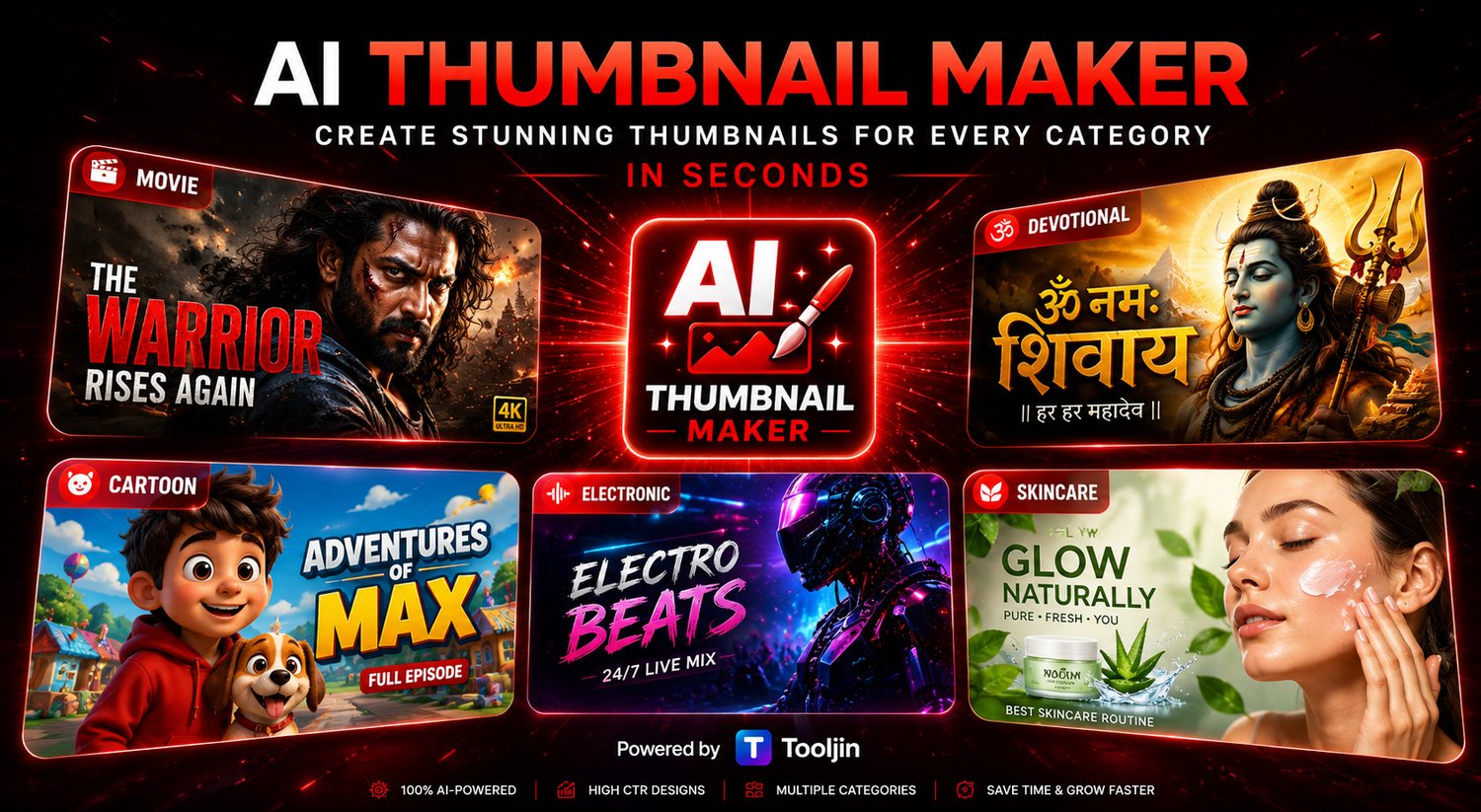 Create stunning AI thumbnails for every category in seconds — movies, devotional, cartoon, electronic, skincare and more