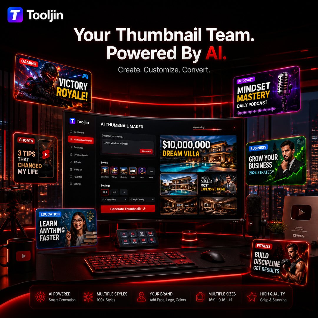 Your AI thumbnail team — describe your video and the AI Thumbnail Maker generates studio-quality YouTube thumbnails