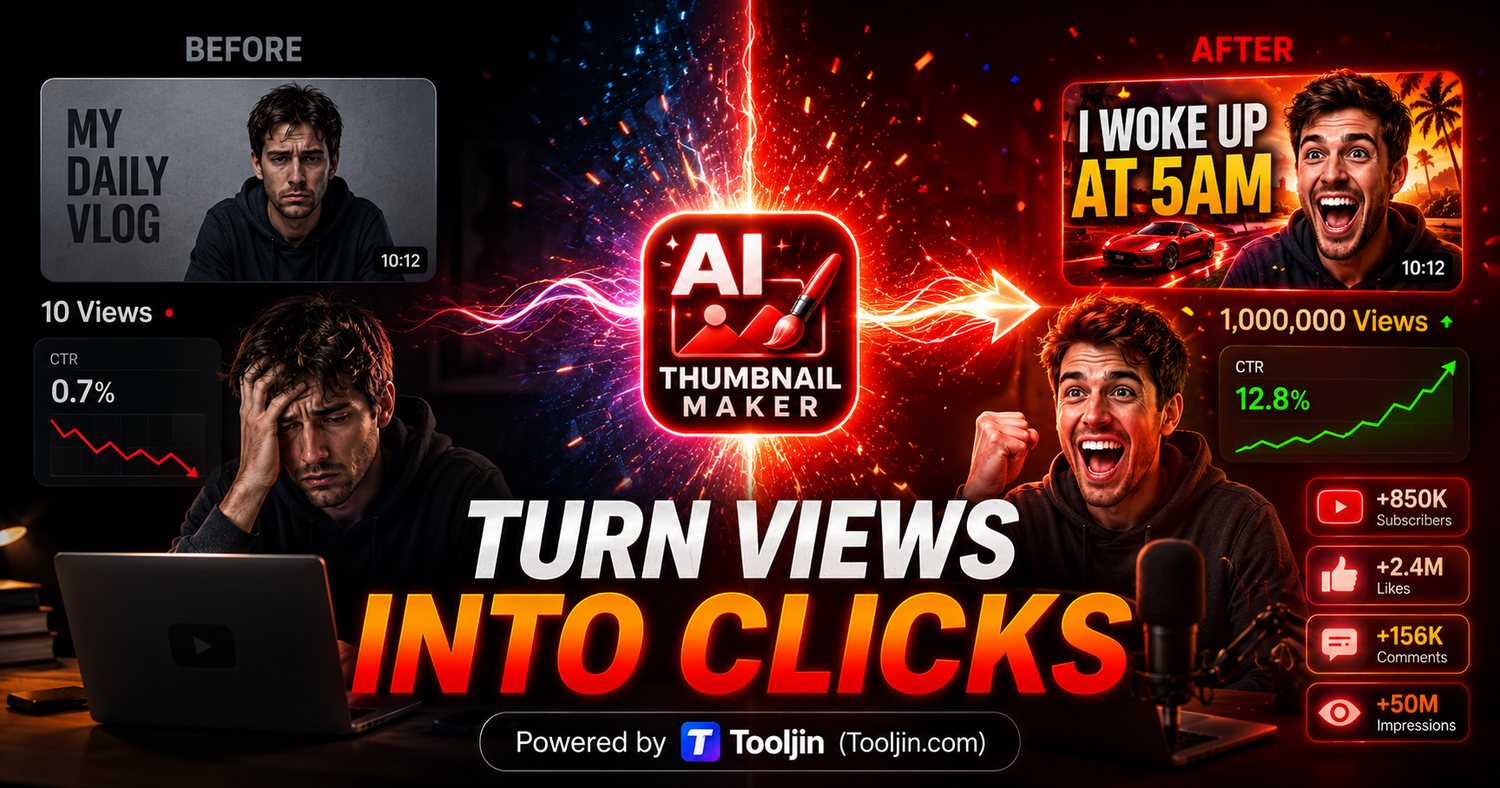 Turn views into clicks — AI Thumbnail Maker turns a low-CTR thumbnail into a high-converting one that gets more clicks