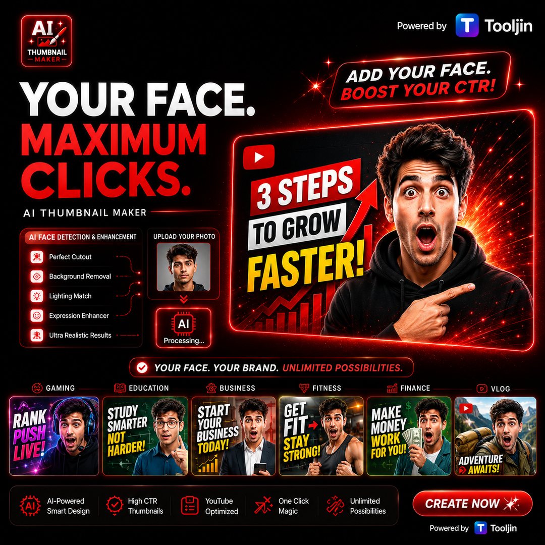 Add your face for maximum clicks — AI face detection, background removal and lighting match for high-CTR YouTube thumbnails